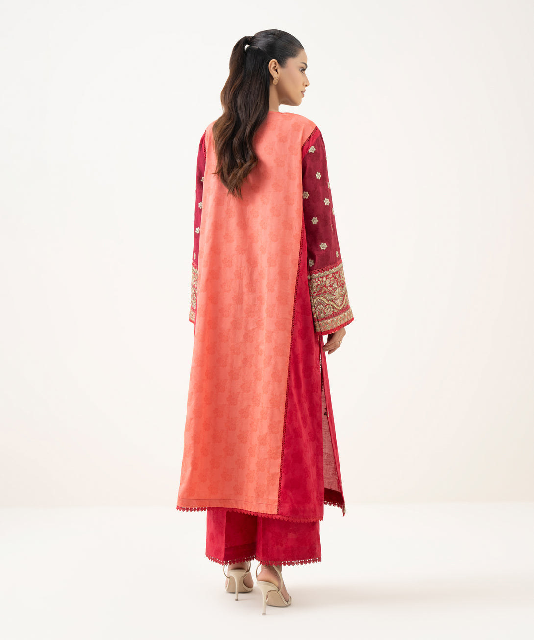Women's RTW Cotton Jacquard Red Embroidered A-Line Shirt