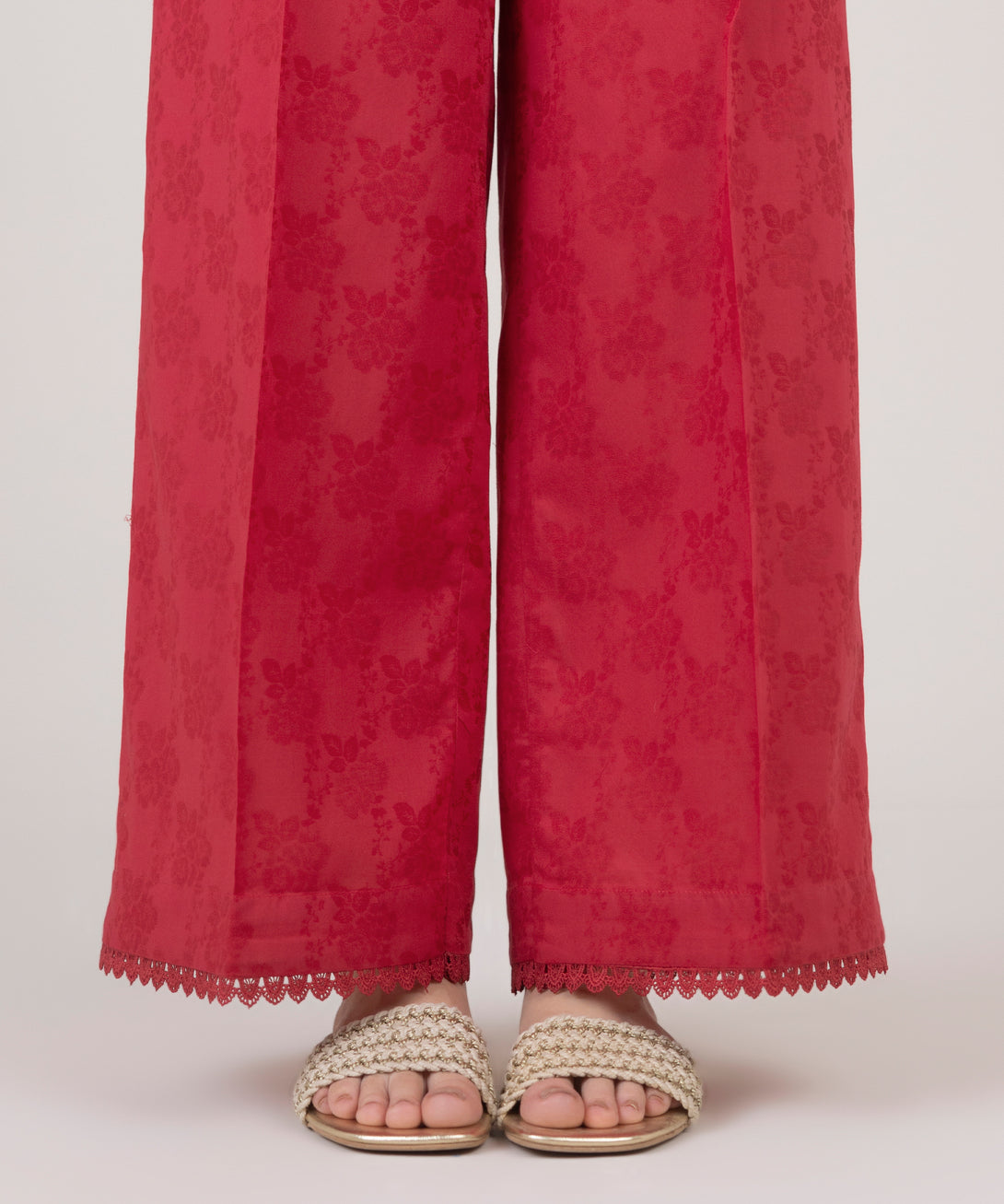 Women's RTW Cotton Jacquard Red Solid Culottes