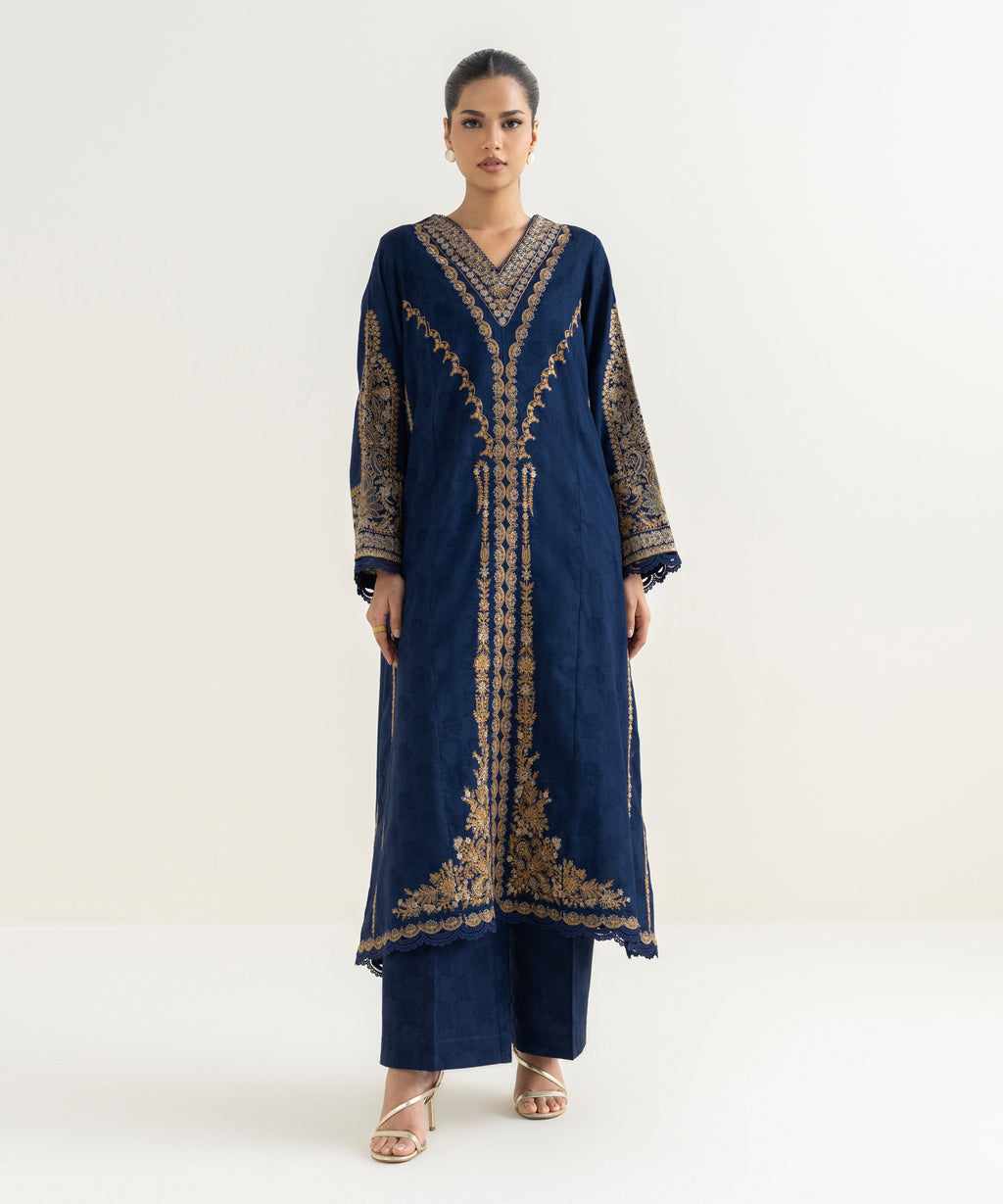 Women's RTW Cotton Jacquard Blue Embroidered A-Line Shirt