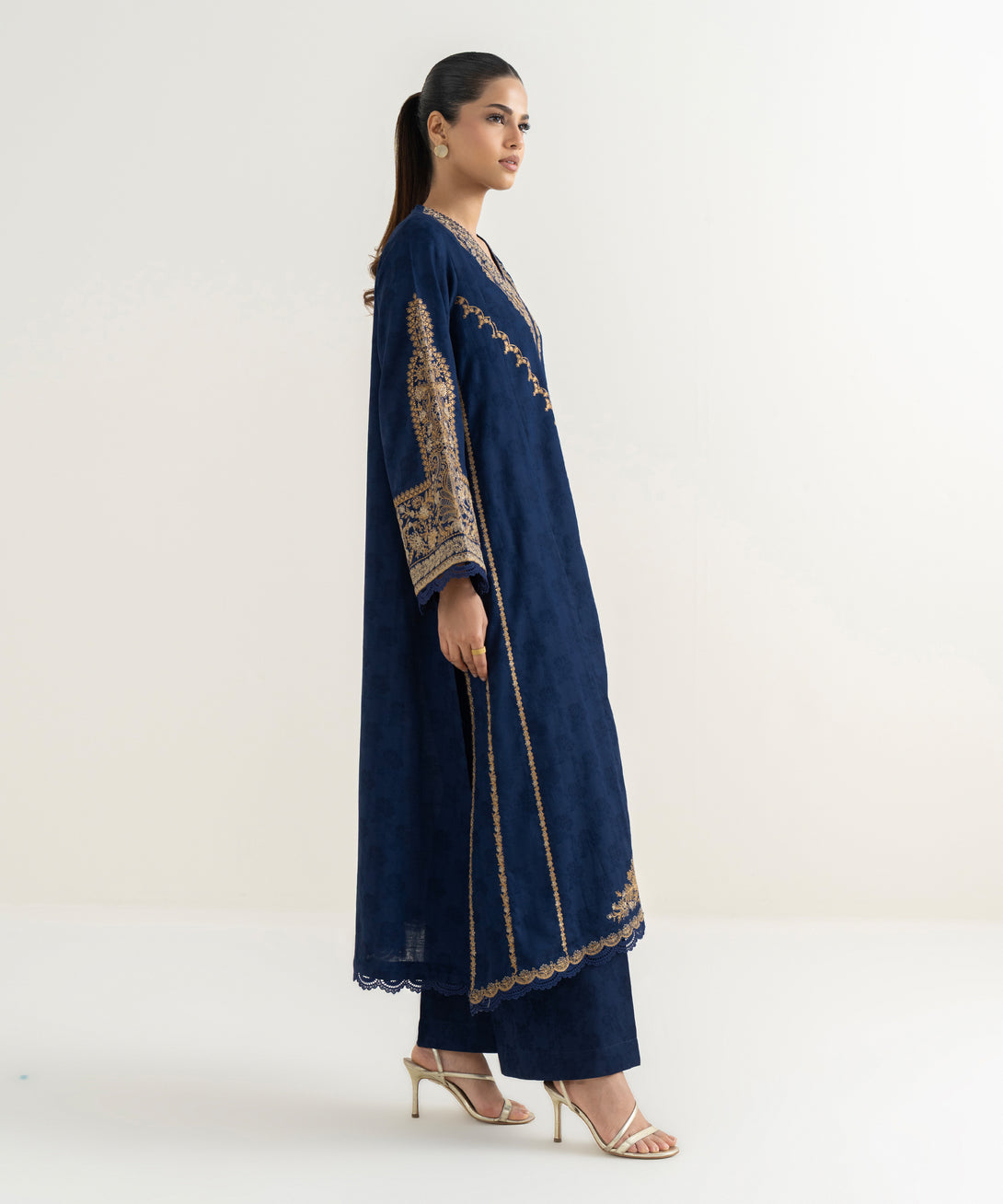 Women's RTW Cotton Jacquard Blue Embroidered A-Line Shirt