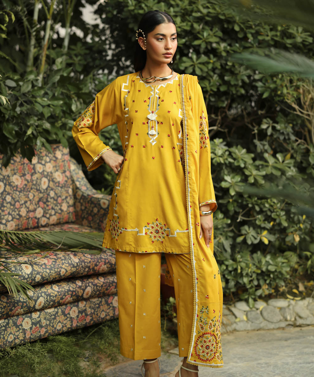 Textured Voile Yellow Embroidered Dupatta