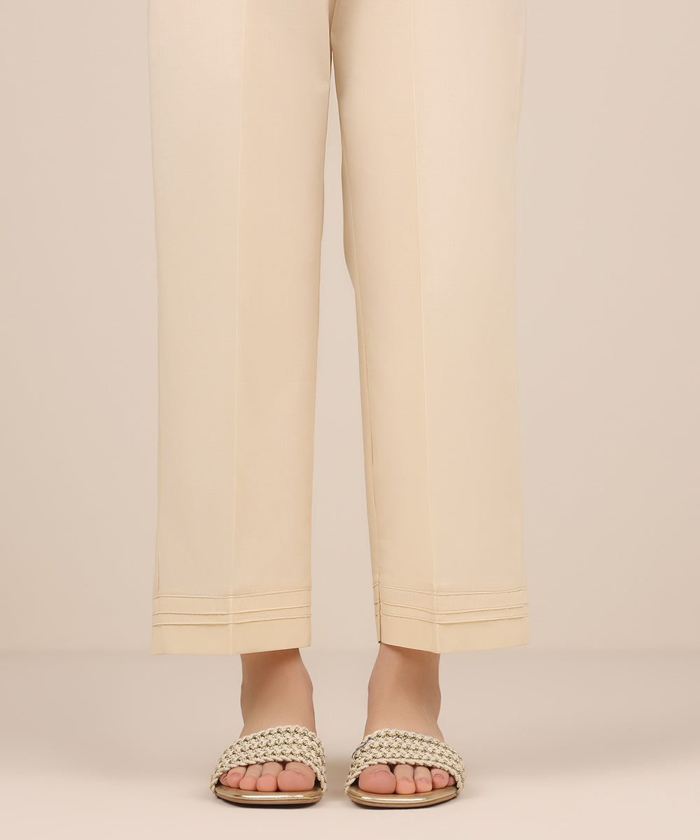 Women's RTW Cambric Off White Solid Straight Pants