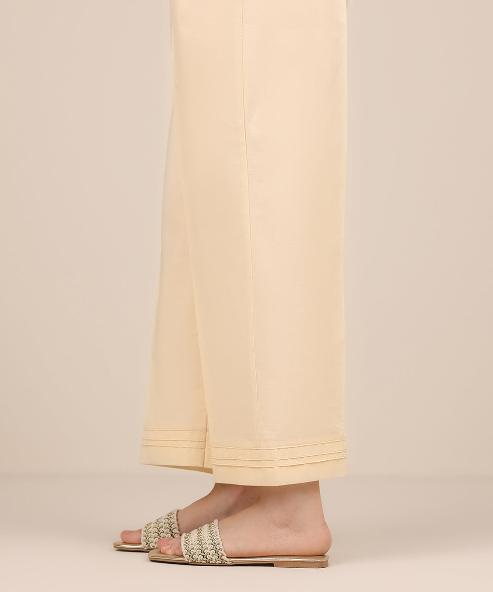 Women's RTW Cambric Off White Solid Straight Pants