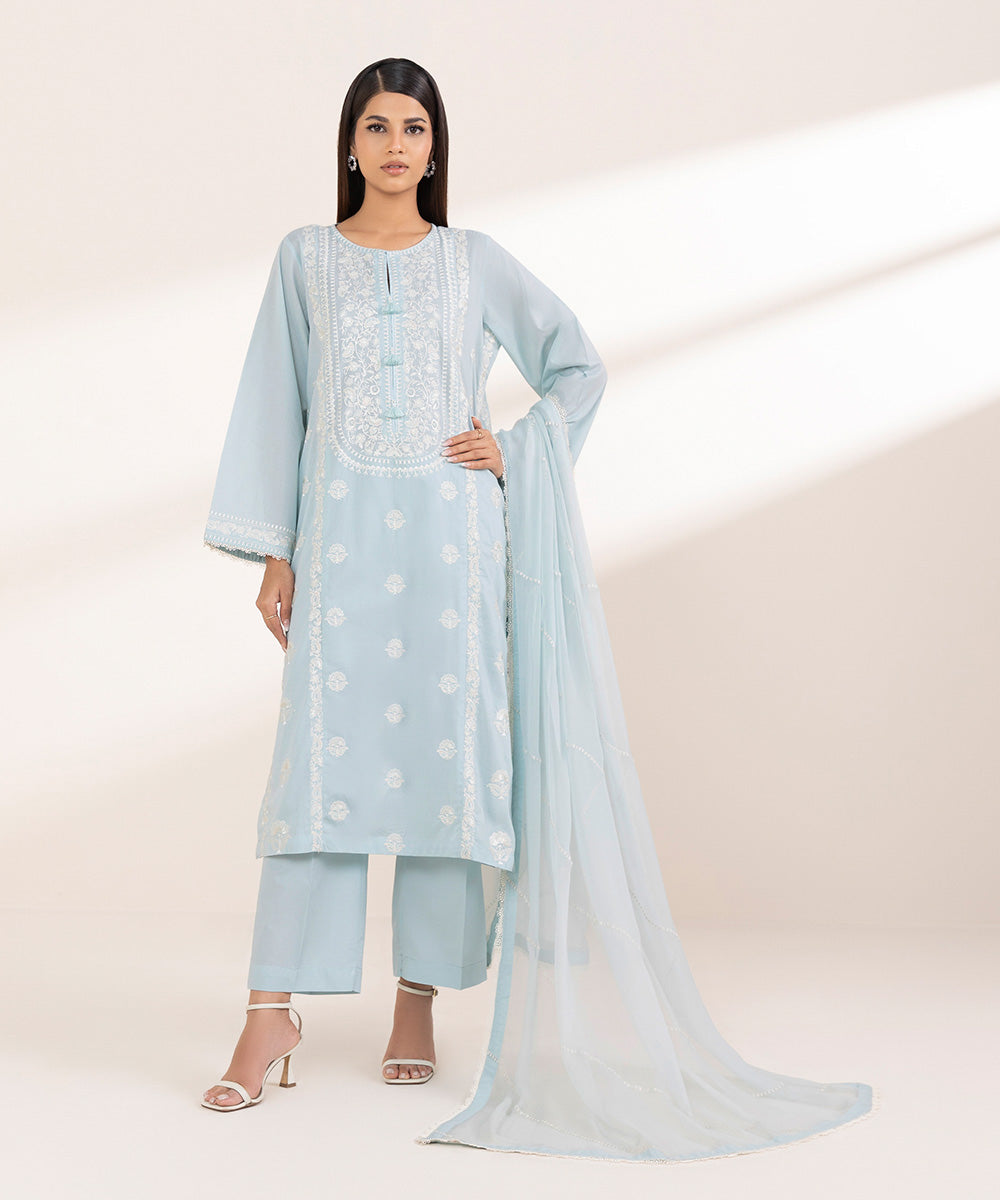 Blended Chiffon Blue Embroidered Dupatta