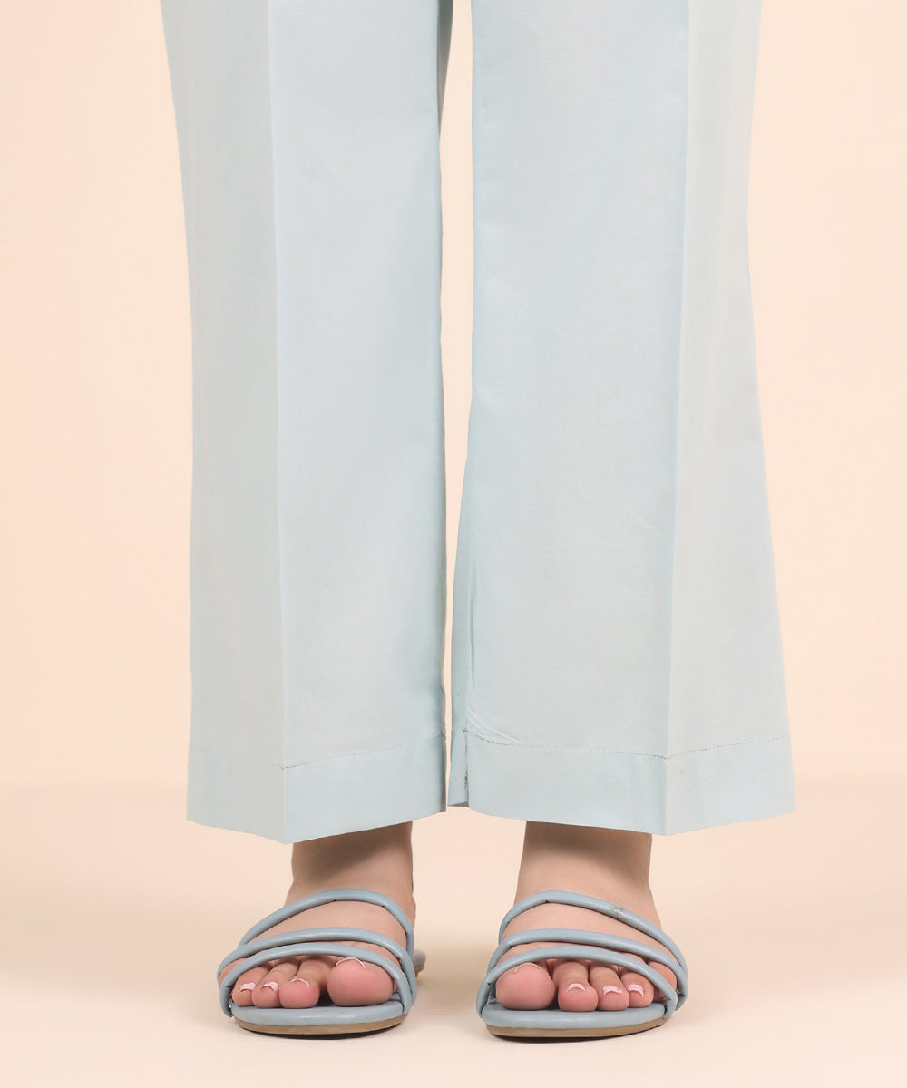 Women's RTW Cambric Blue Solid Straight Pants
