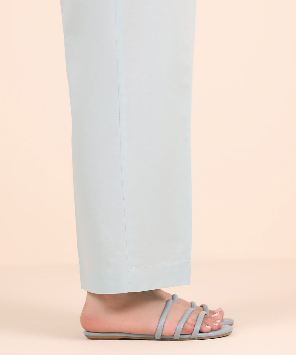 Women's RTW Cambric Blue Solid Straight Pants