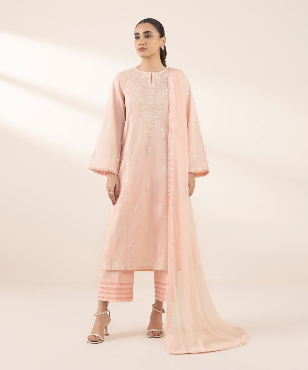 Blended Chiffon Pink Embroidered Dupatta