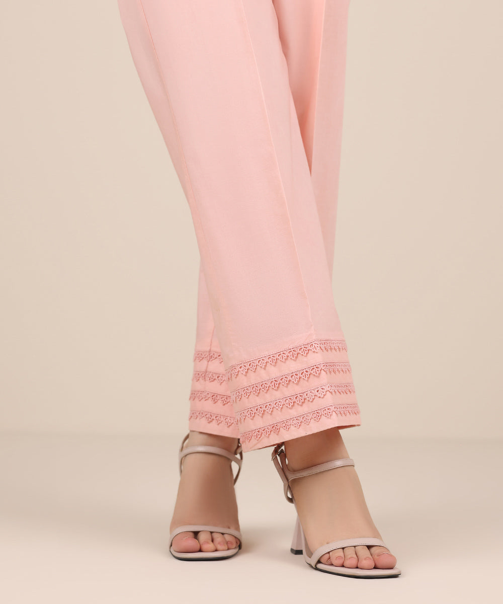 Women's RTW Cambric Pink Solid Straight Pants