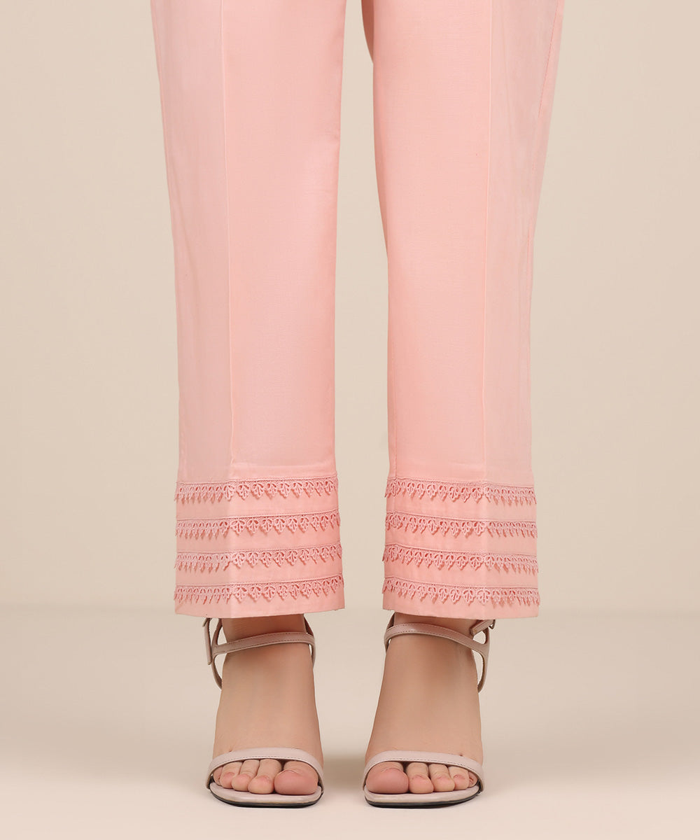 Women's RTW Cambric Pink Solid Straight Pants