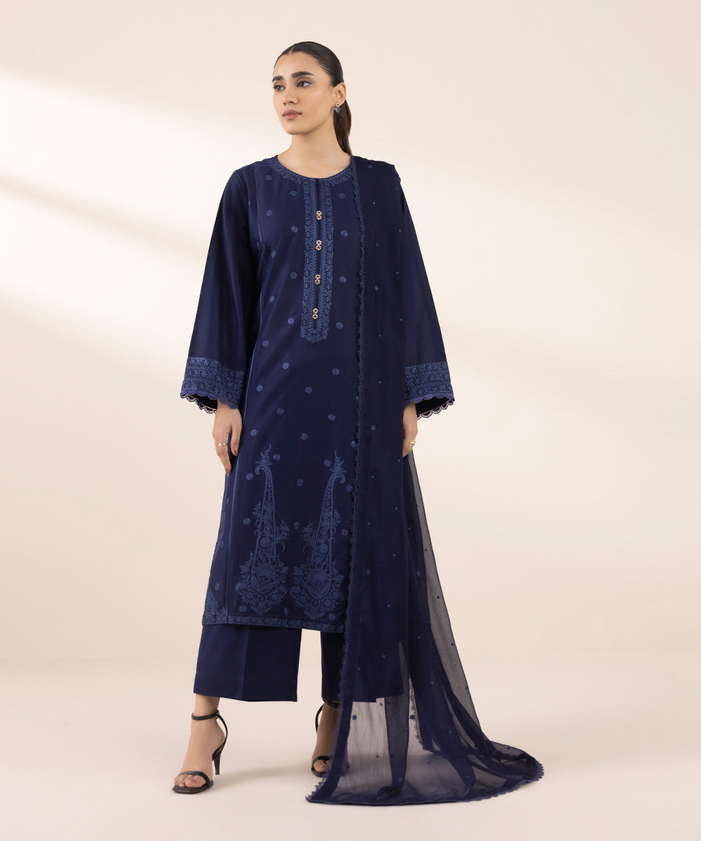 Blended Chiffon Blue Embroidered Dupatta
