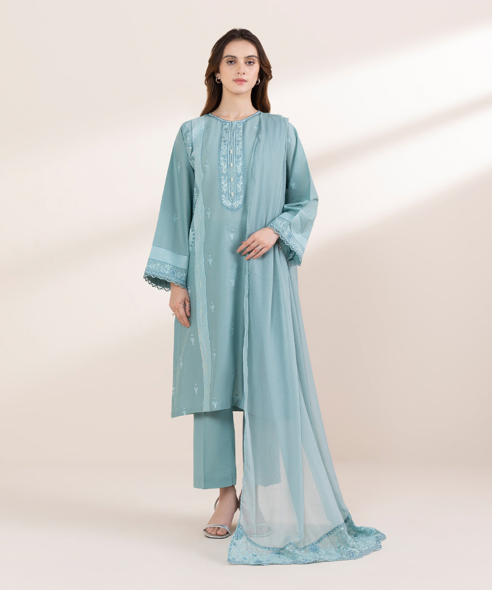 Blended Chiffon Blue Embroidered Dupatta