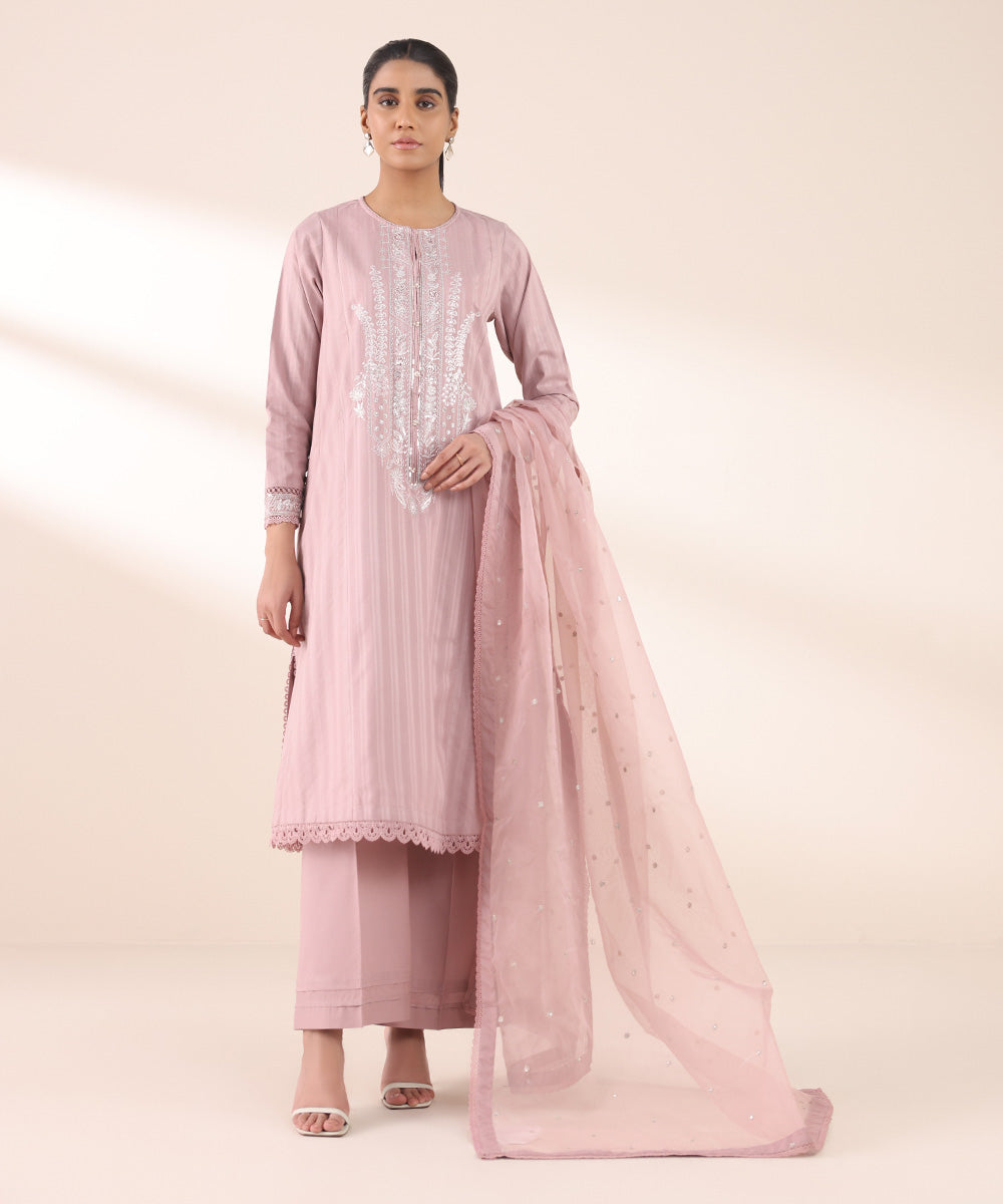 Blended Organza Pink Embroidered Dupatta