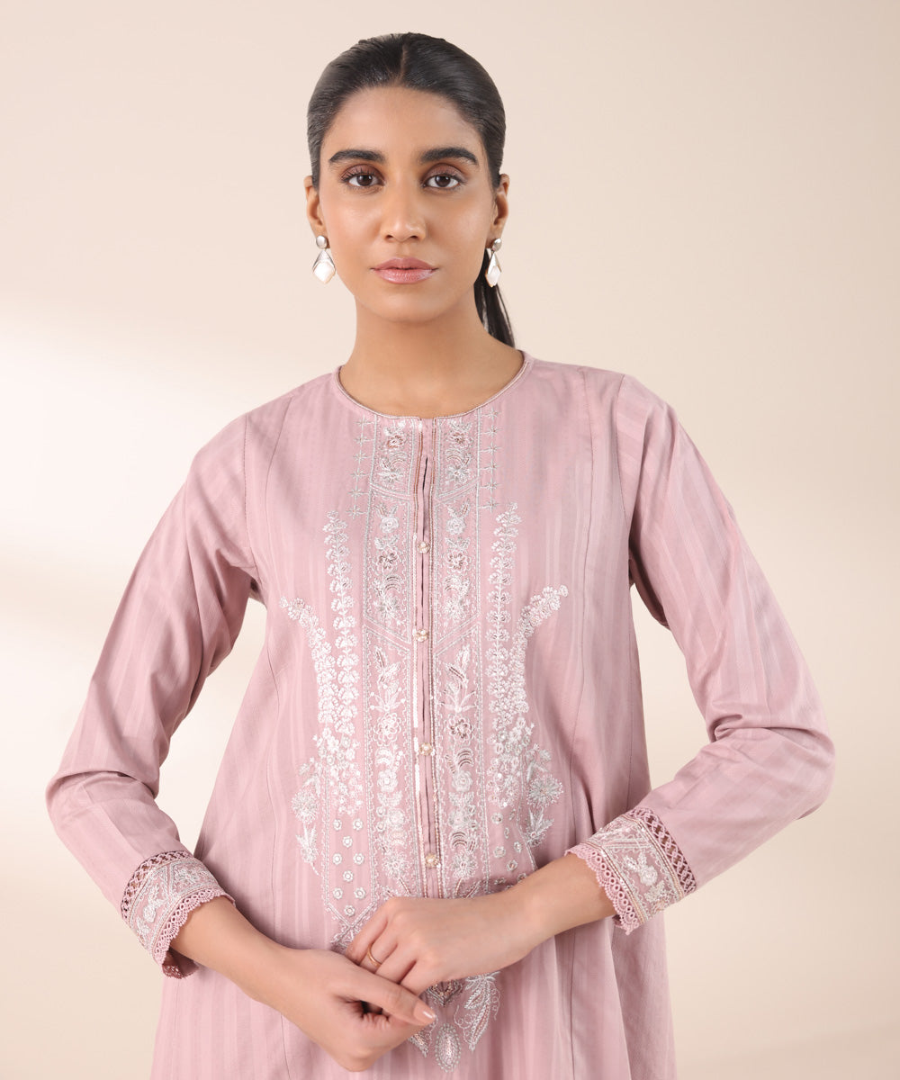 Women's RTW Dobby Pink Embroidered A-Line Shirt