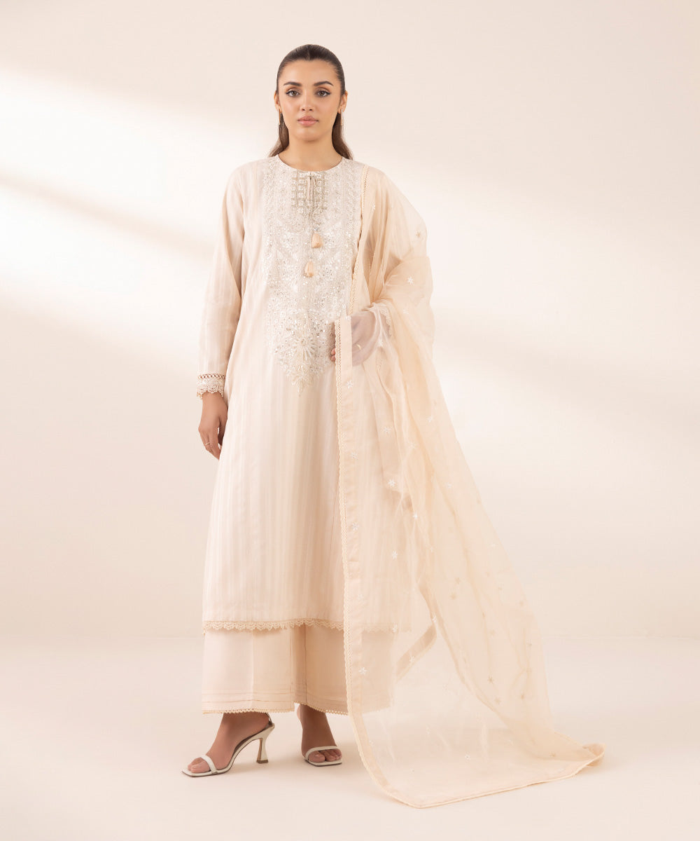 Blended Organza Pink Embroidered Dupatta