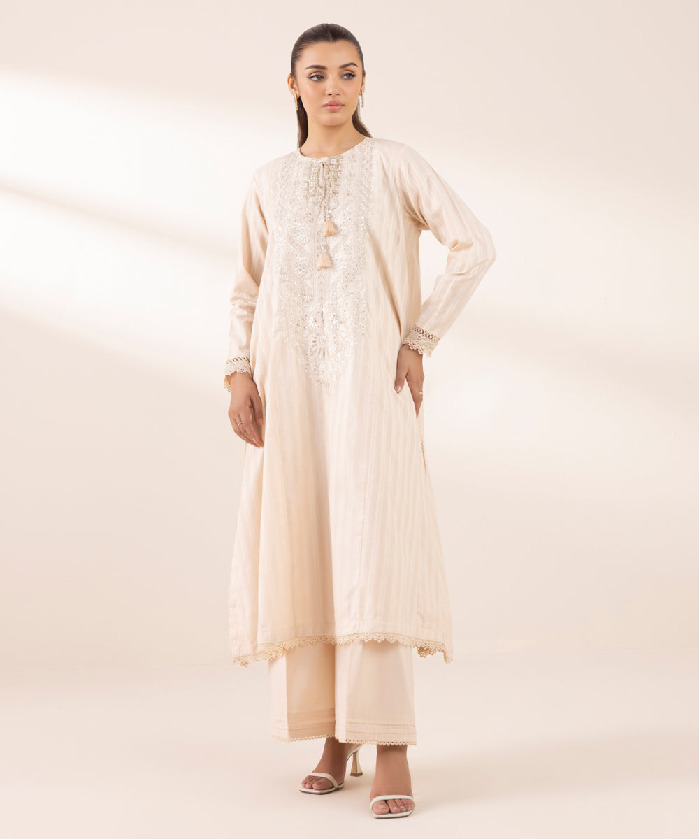 Women's RTW Dobby Pink Embroidered A-Line Shirt
