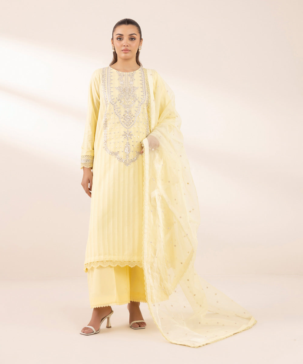 Blended Organza Beige Embroidered Dupatta