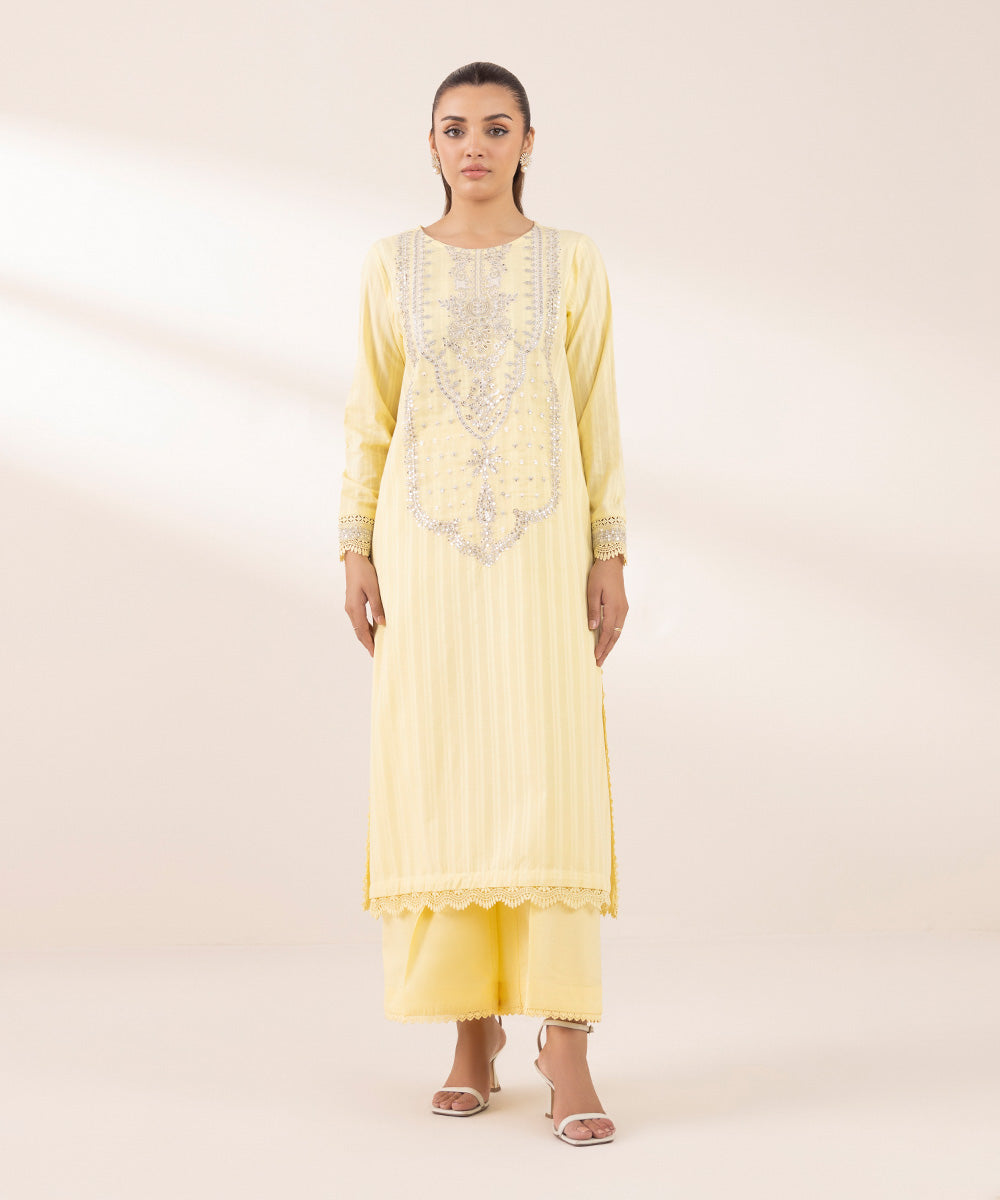 Women's RTW Dobby Yellow Embroidered A-Line Shirt