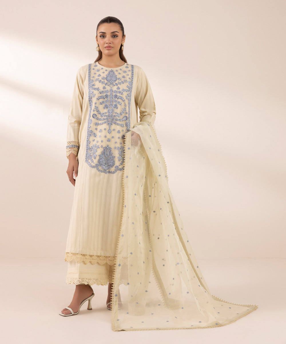 Blended Organza Beige Embroidered Dupatta