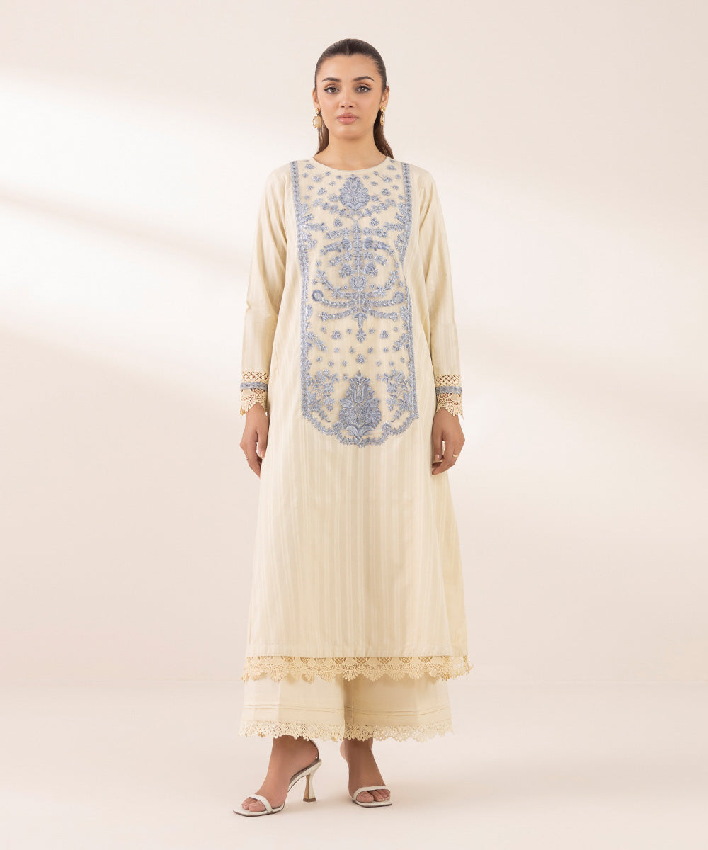 Women's RTW Dobby Beige Embroidered A-Line Shirt