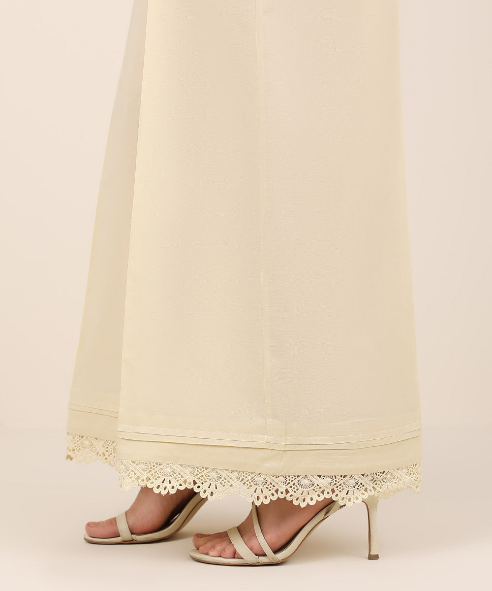 Women's RTW Cambric Beige Solid Flared Pants