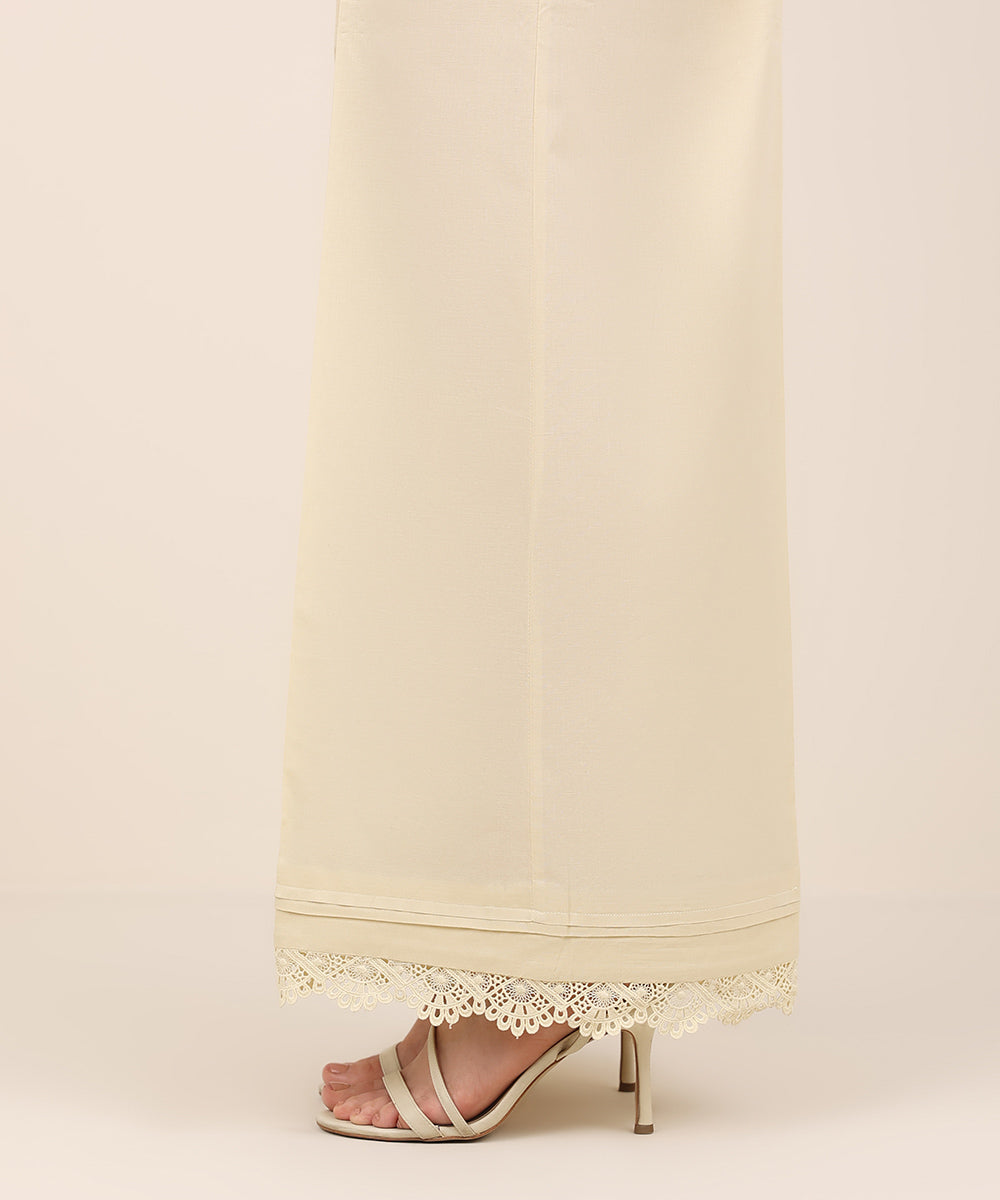 Women's RTW Cambric Beige Solid Flared Pants