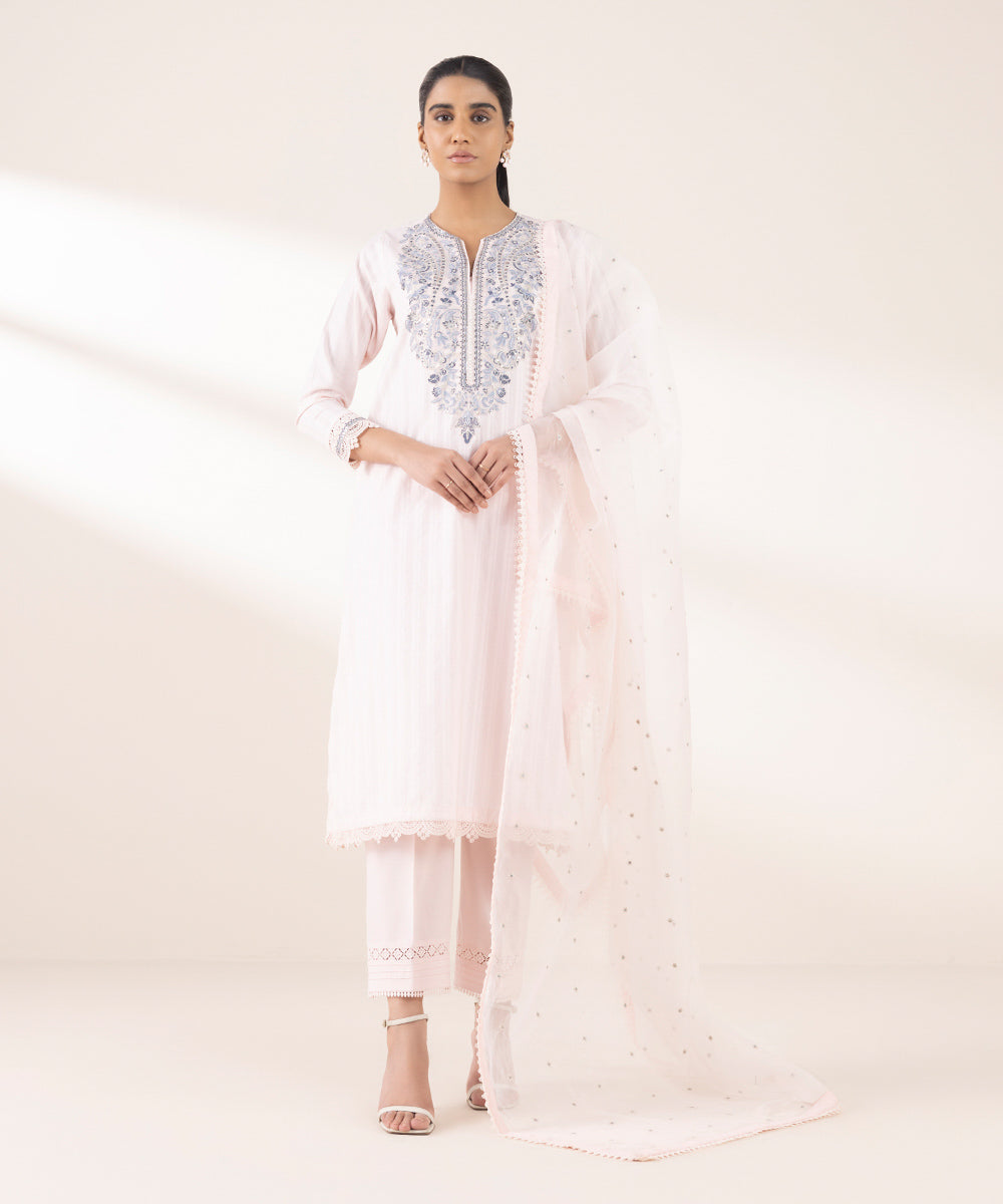 Blended Organza Pink Embroidered Dupatta