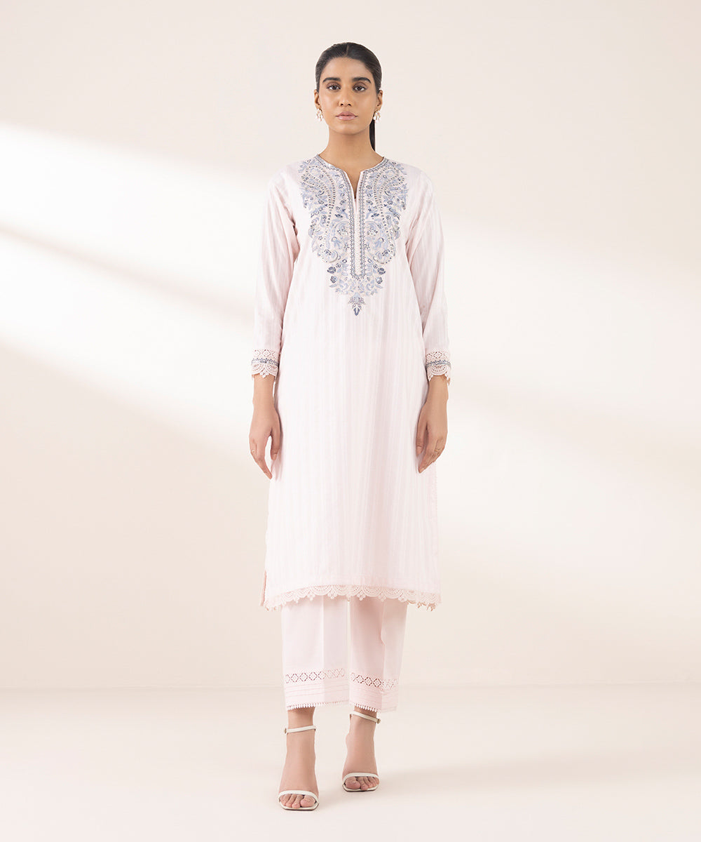 Women's RTW Dobby Pink Embroidered A-Line Shirt