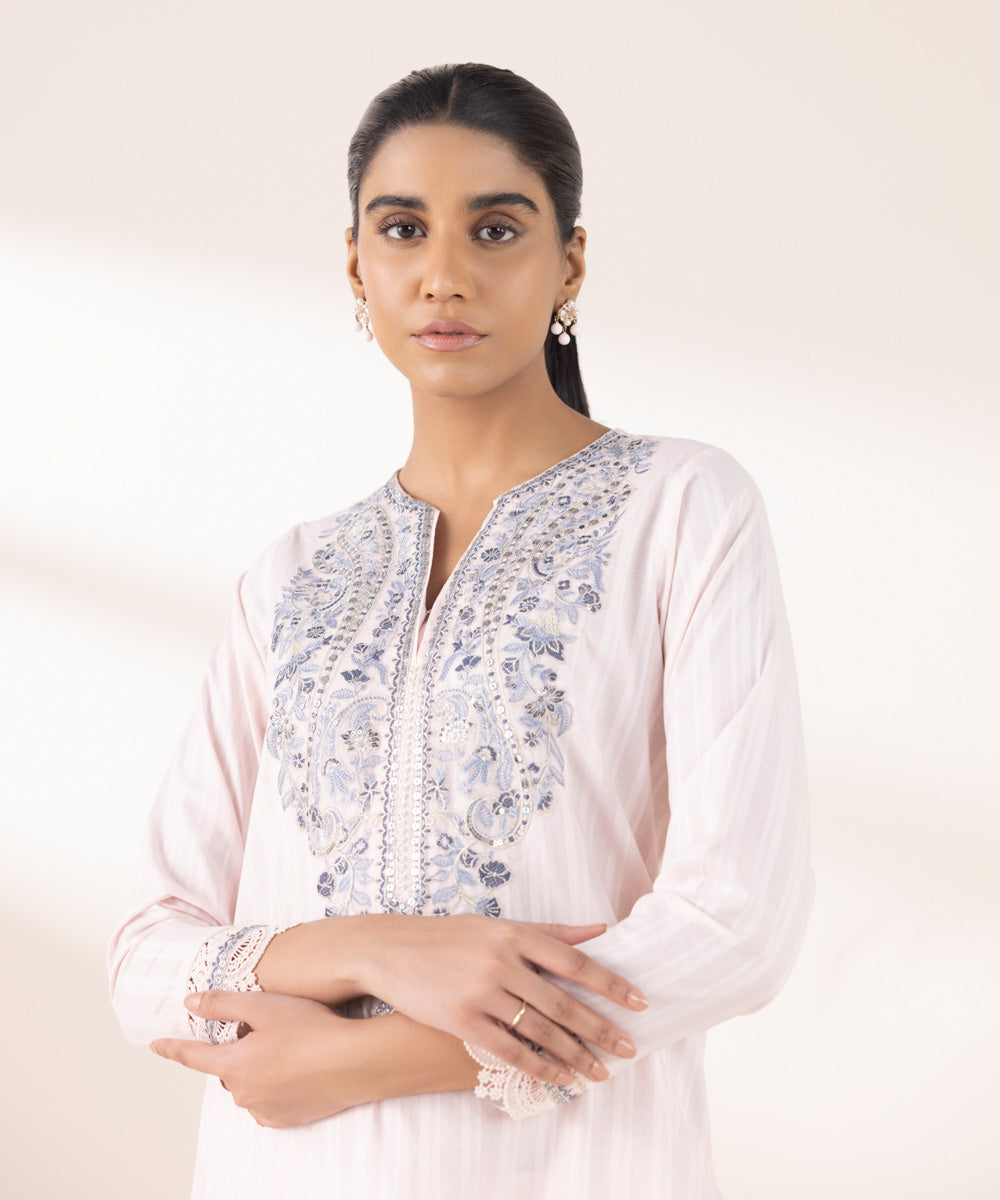 Women's RTW Dobby Pink Embroidered A-Line Shirt