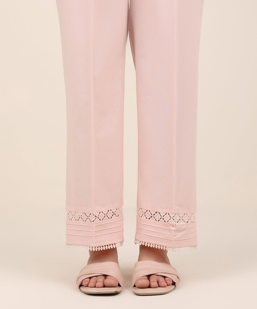 Women's RTW Cambric Pink Solid Straight Pants