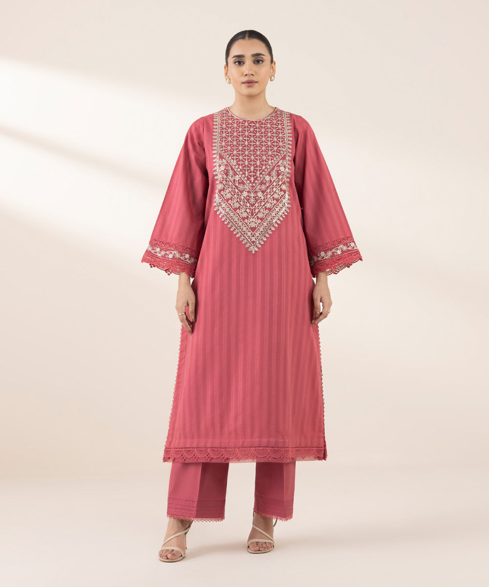 Women's RTW Dobby Pink Embroidered A-Line Shirt