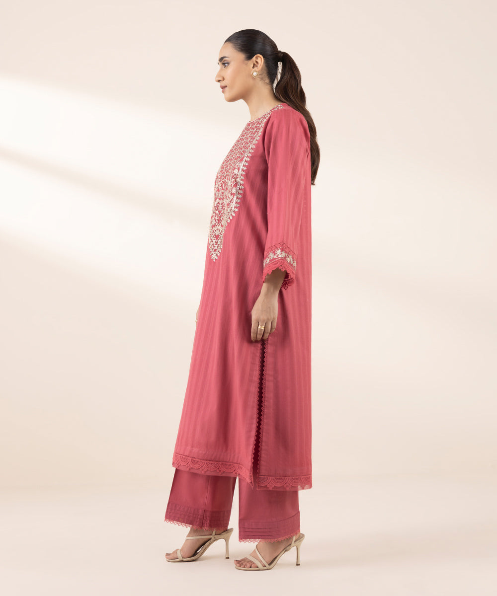 Women's RTW Dobby Pink Embroidered A-Line Shirt