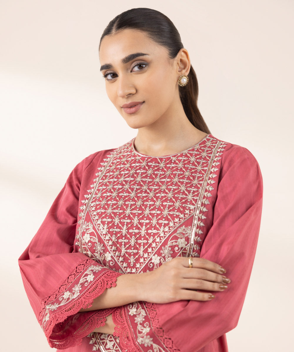 Women's RTW Dobby Pink Embroidered A-Line Shirt