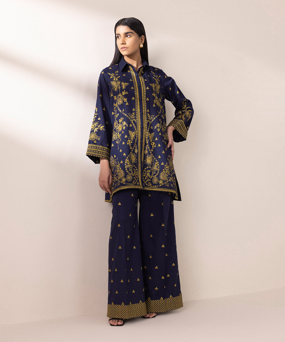 Women's RTW Dobby Blue Embroidered Button Down Shirt