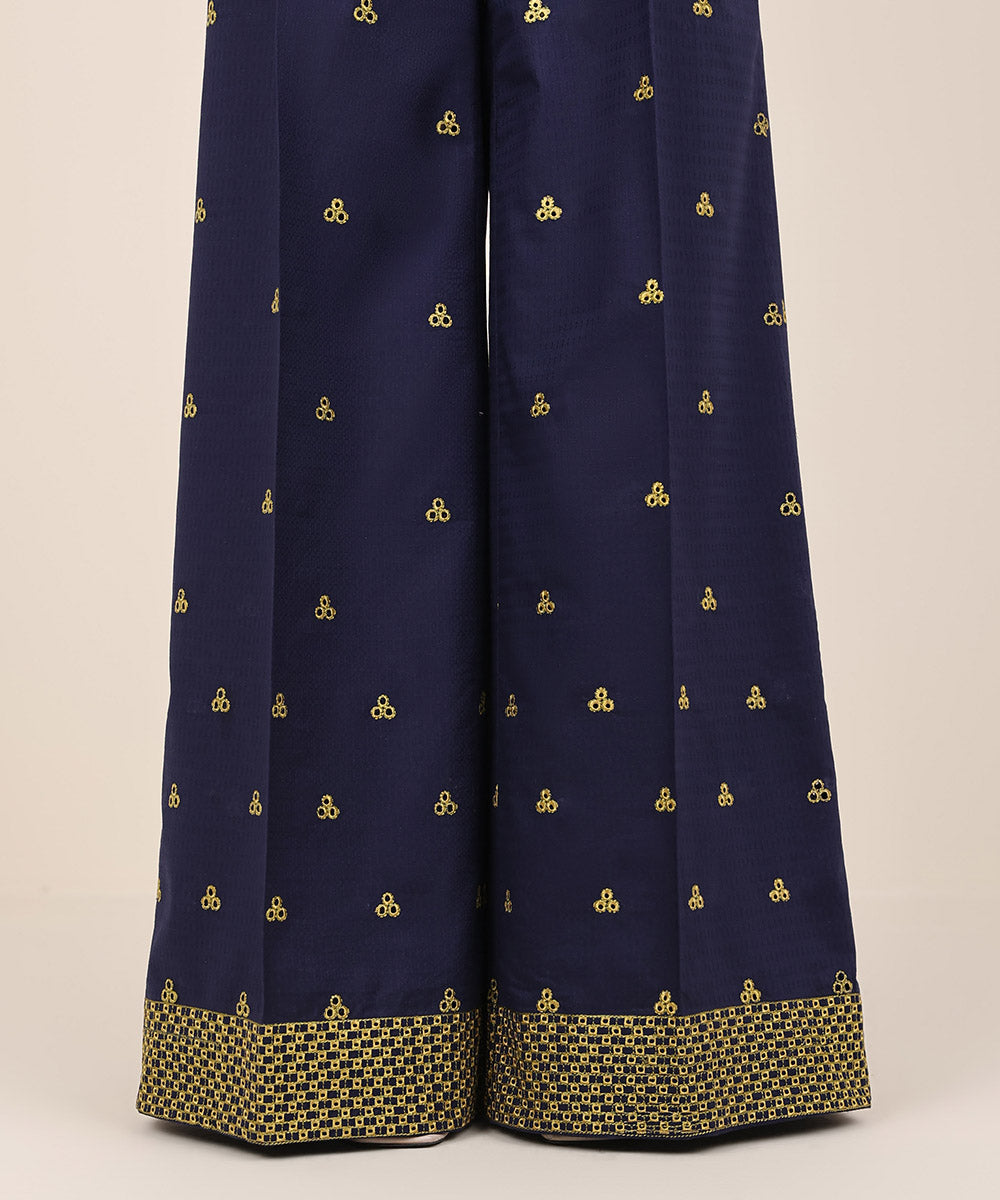 Women's RTW Textured Cotton Blue Embroidered Flared Pants