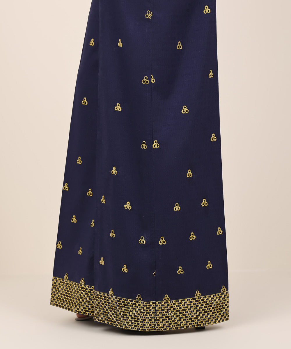 Women's RTW Textured Cotton Blue Embroidered Flared Pants
