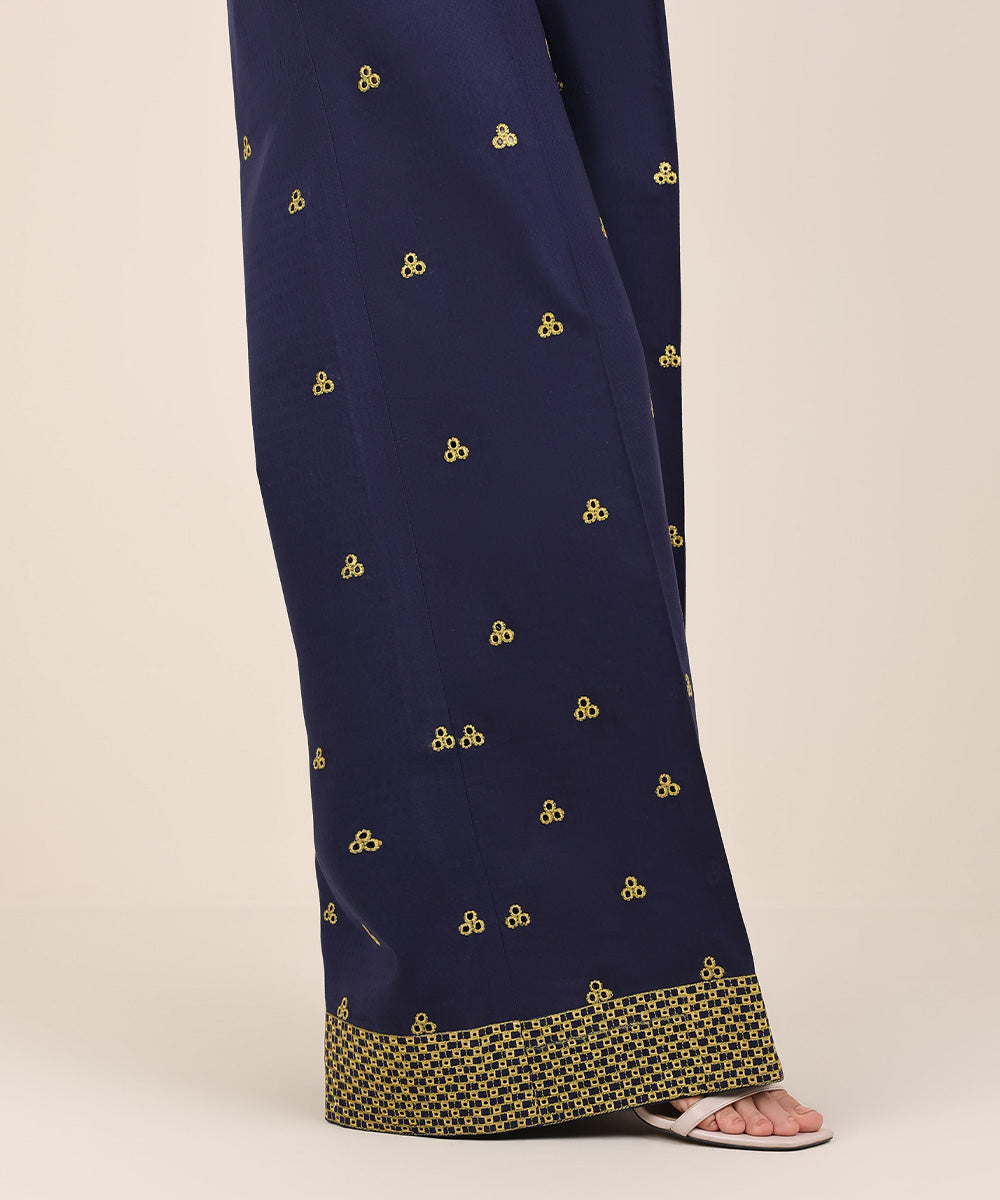 Women's RTW Textured Cotton Blue Embroidered Flared Pants
