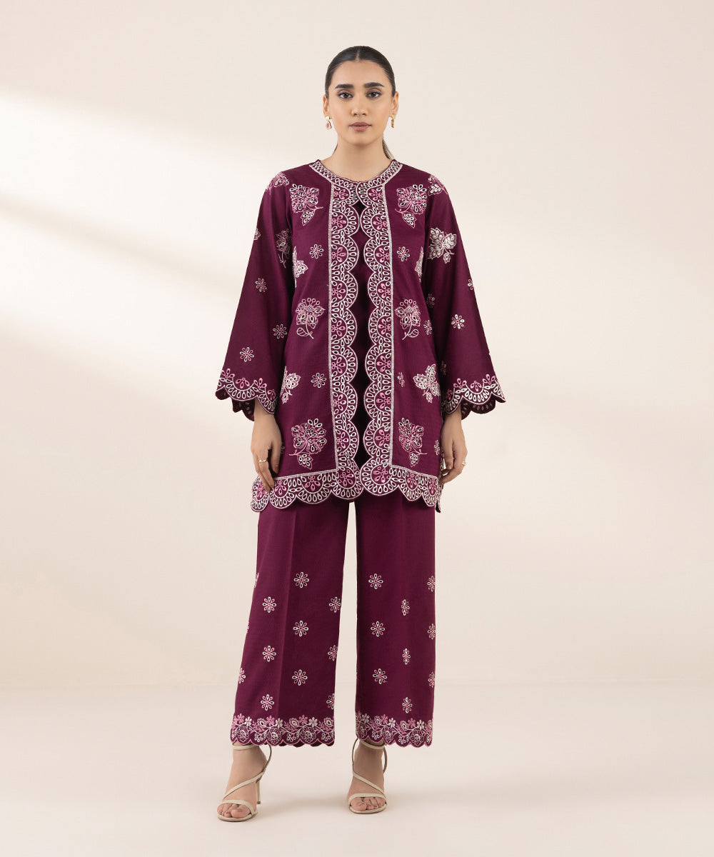 Women's RTW Dobby Purple Embroidered A-Line Shirt