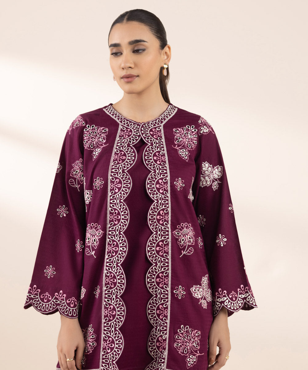 Women's RTW Dobby Purple Embroidered A-Line Shirt