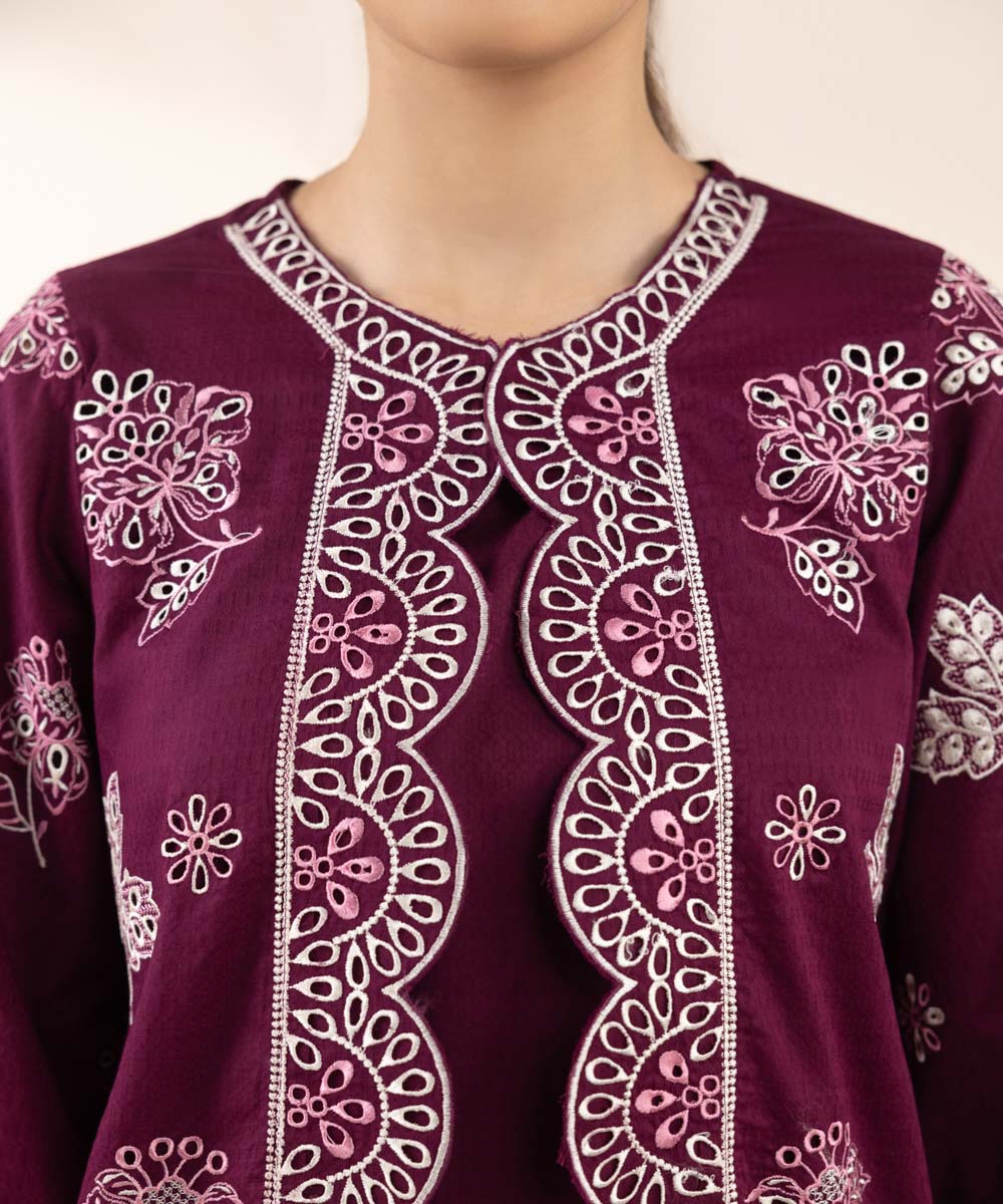 Women's RTW Dobby Purple Embroidered A-Line Shirt