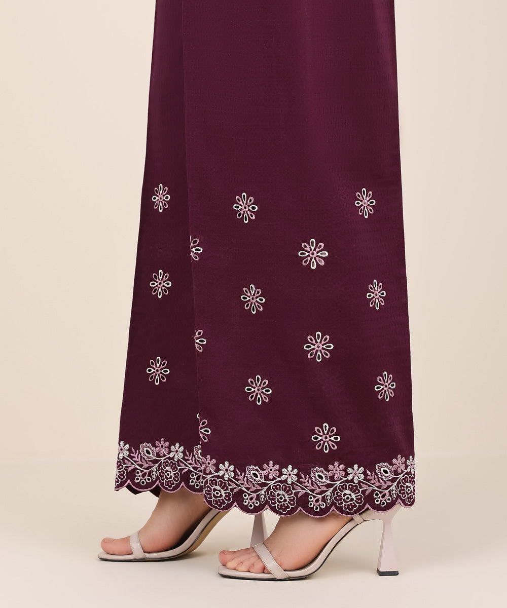 Women's RTW Textured Cotton Purple Embroidered Straight Pants