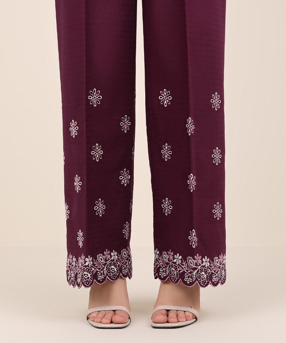 Women's RTW Textured Cotton Purple Embroidered Straight Pants