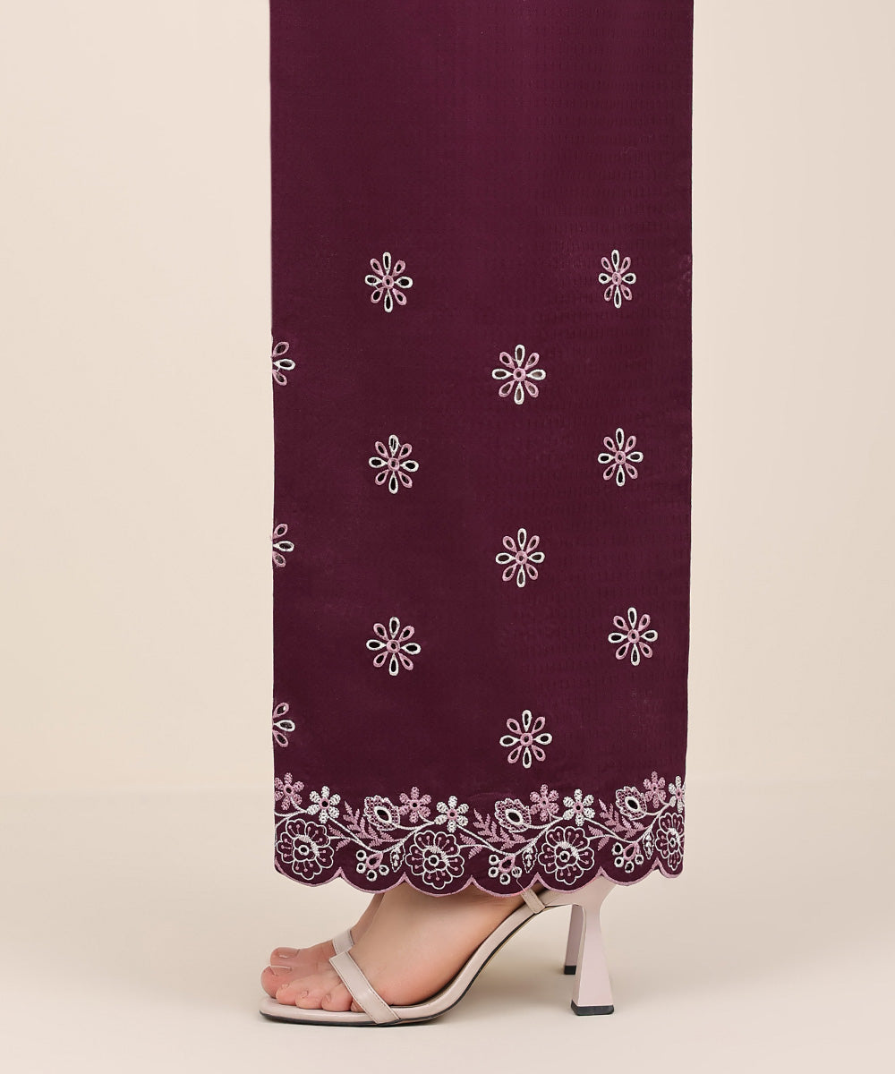 Women's RTW Textured Cotton Purple Embroidered Straight Pants