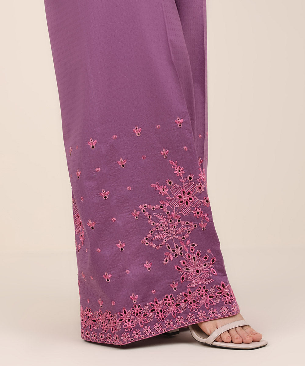 Women's RTW Textured Cotton Purple Embroidered Flared Pants