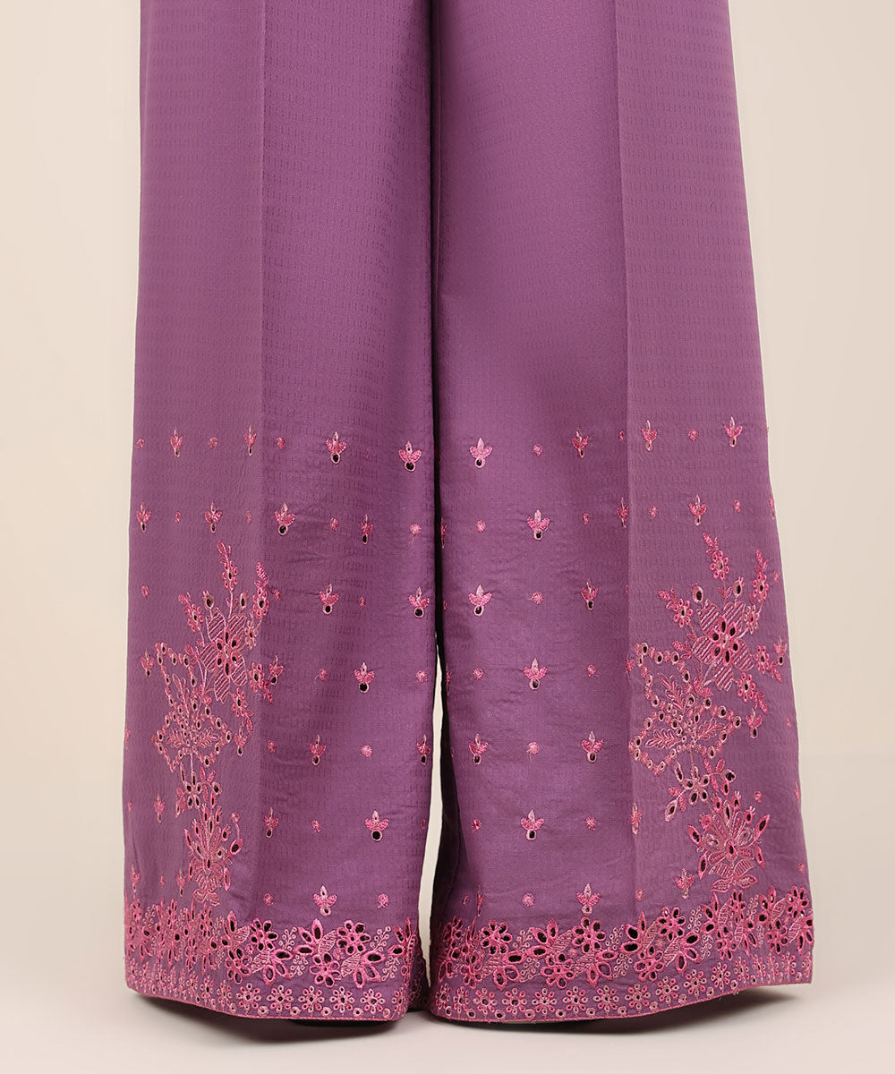Women's RTW Textured Cotton Purple Embroidered Flared Pants