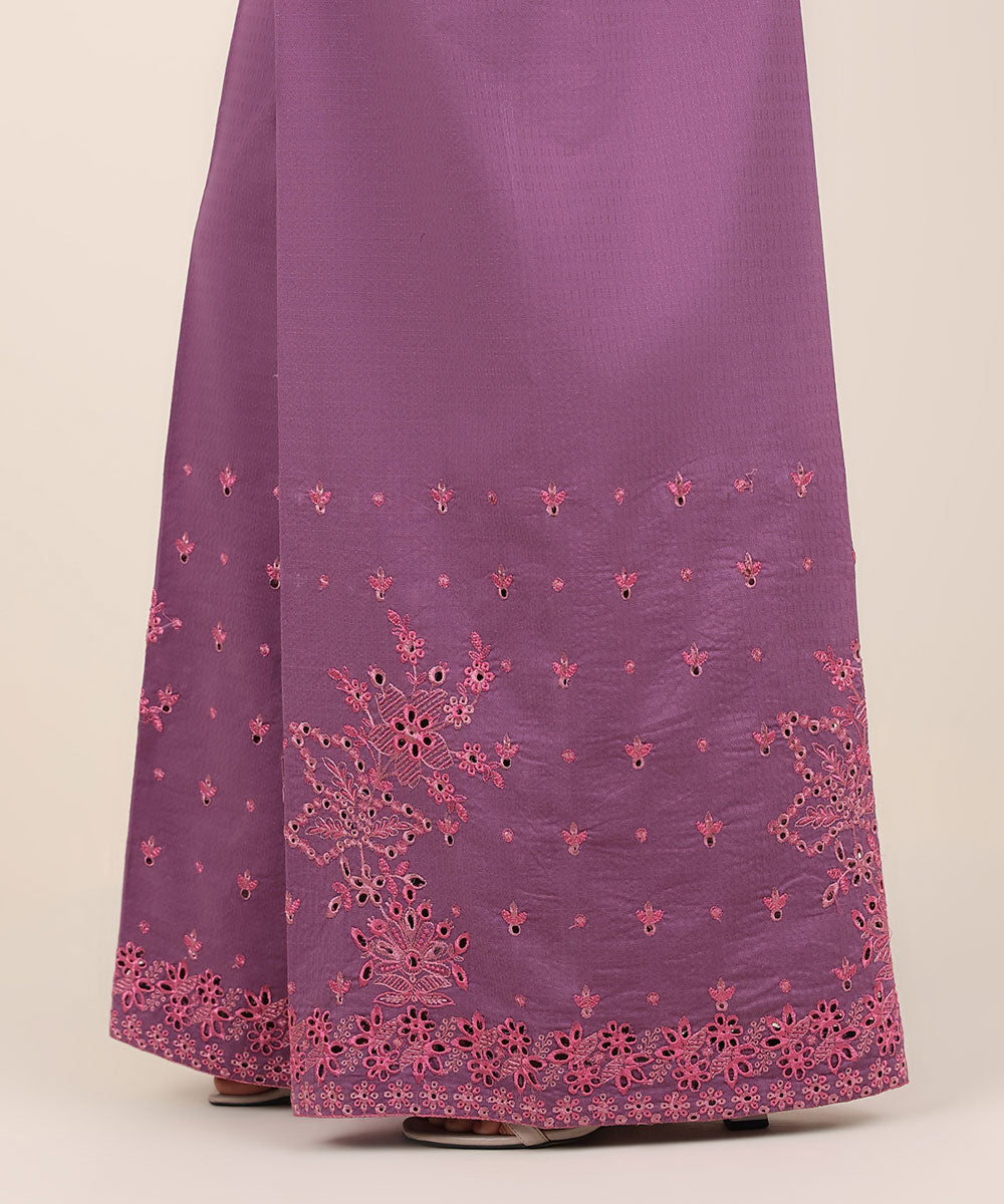 Women's RTW Textured Cotton Purple Embroidered Flared Pants