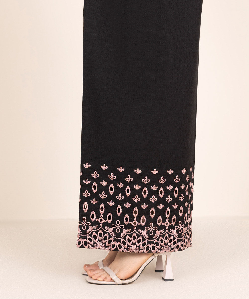 Women's RTW Textured Cotton Black Embroidered Culottes
