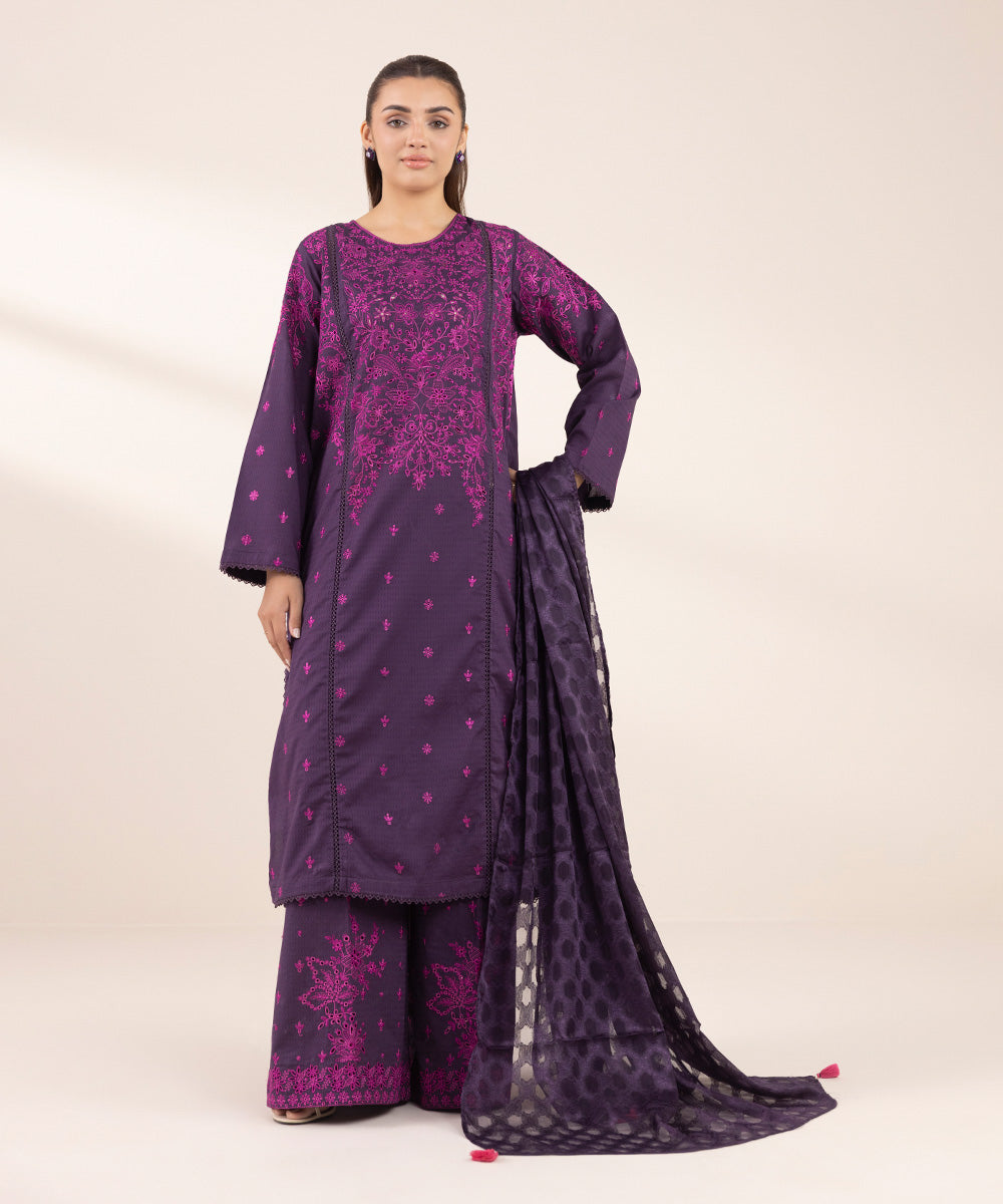 Women's RTW Dobby Purple Embroidered A-Line Shirt
