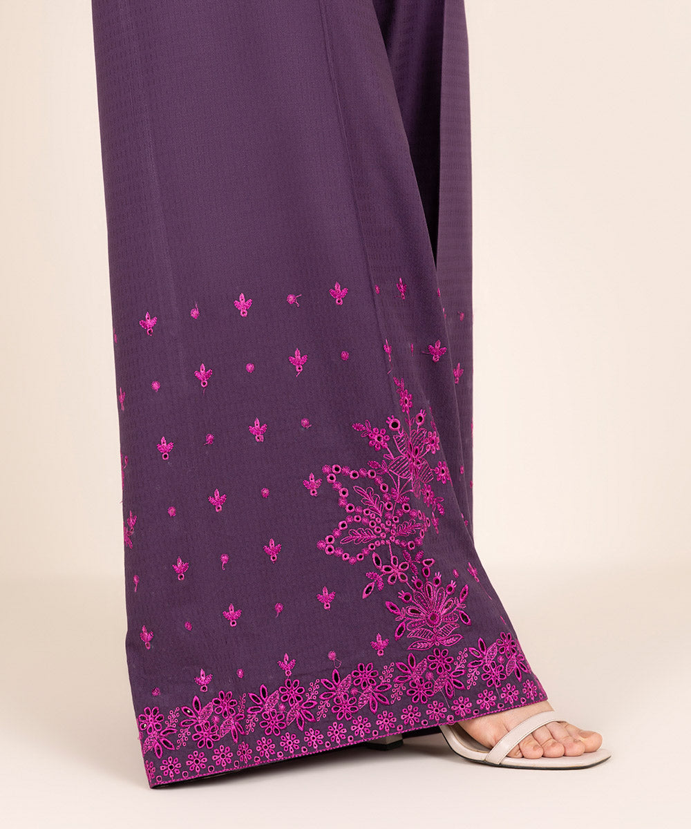 Women's RTW Textured Cotton Purple Embroidered Flared Pants
