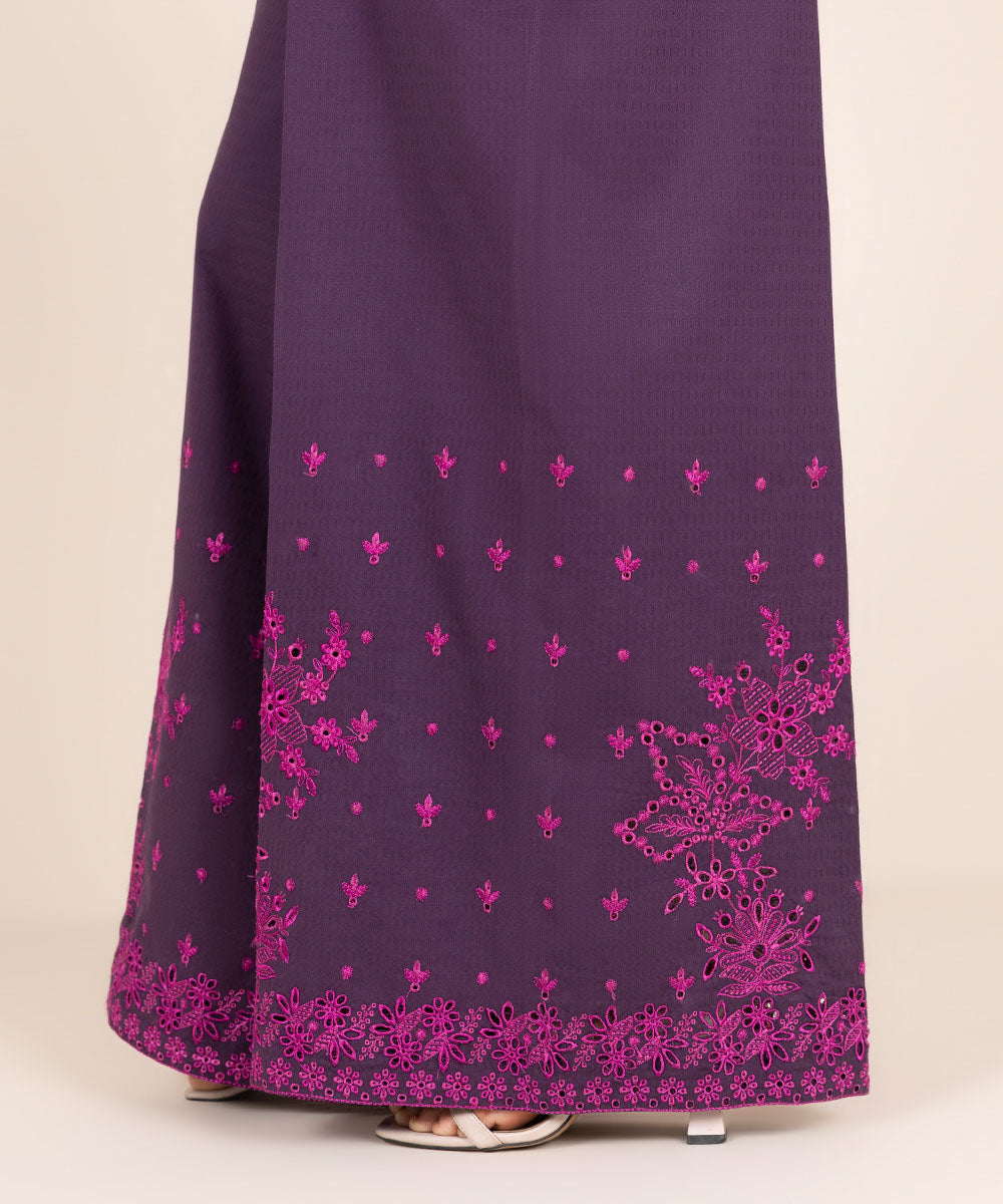 Women's RTW Textured Cotton Purple Embroidered Flared Pants