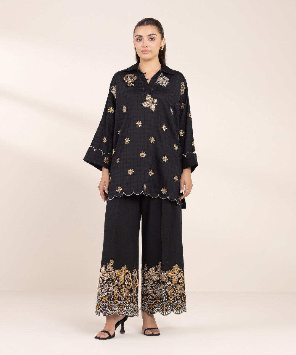 Women's RTW Dobby Black Embroidered Boxy Shirt